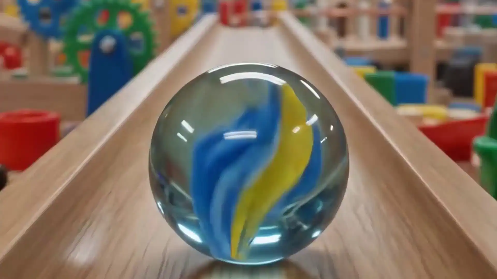 Marble rolling on a chain-reaction track with synchronized native audio, generated by Gemini Omni Flash