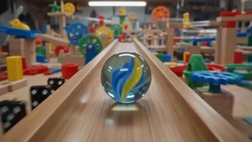 A marble rolling fast on a chain reaction track — real-world physics simulation by the Gemini Omni Flash Video Generator