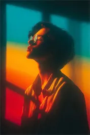 Gemini Omni - Cinematic portrait featuring lighting transitions and a character removing glasses.