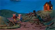 Gemini Omni - Handcrafted stop-motion claymation scene featuring a wolf chasing pigs.