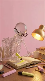 Gemini Omni - A cozy skeleton character reading a book with a yellow highlighter under warm lamp light.