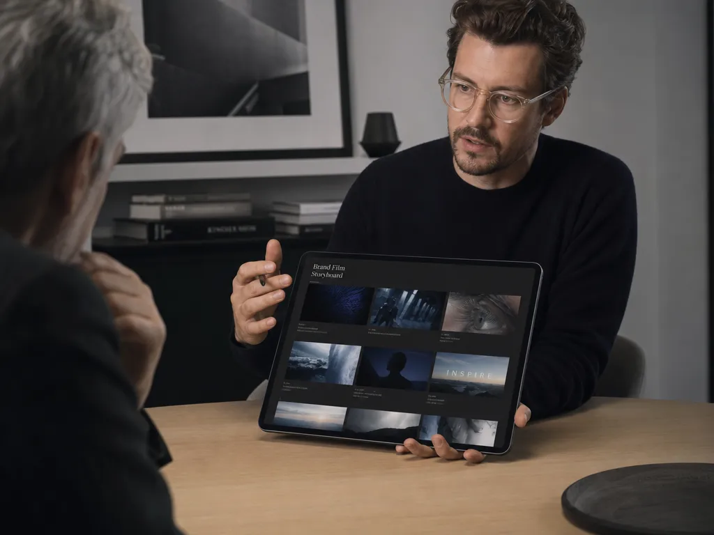 Creative agency presenting an AI-generated video concept storyboard to a client, produced with Gemini Omni Flash