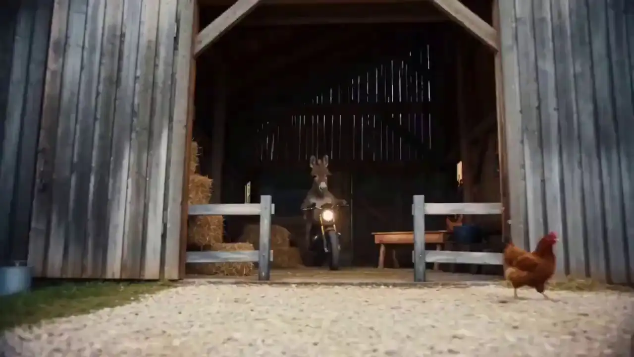 Gemini Omni - Creative action montage of a donkey riding a motorcycle across different terrains.
