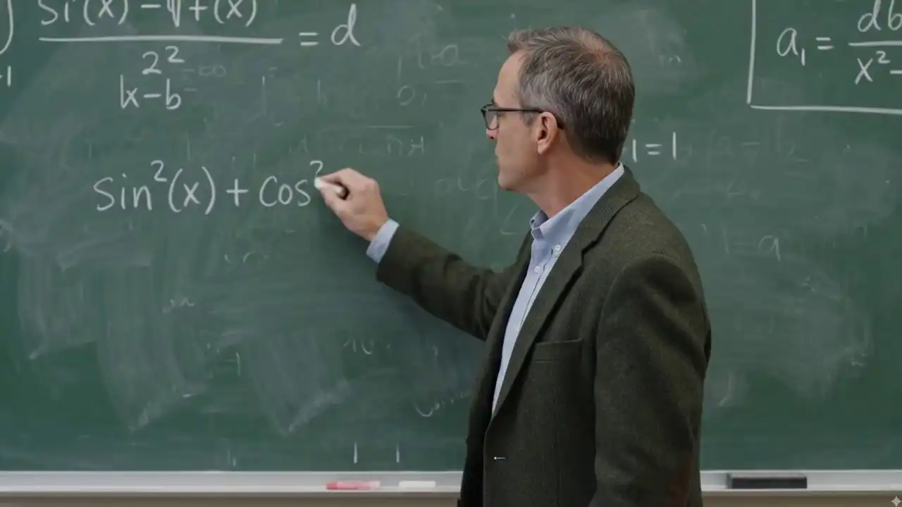Gemini Omni - Academic scene of a professor teaching math at a chalkboard.