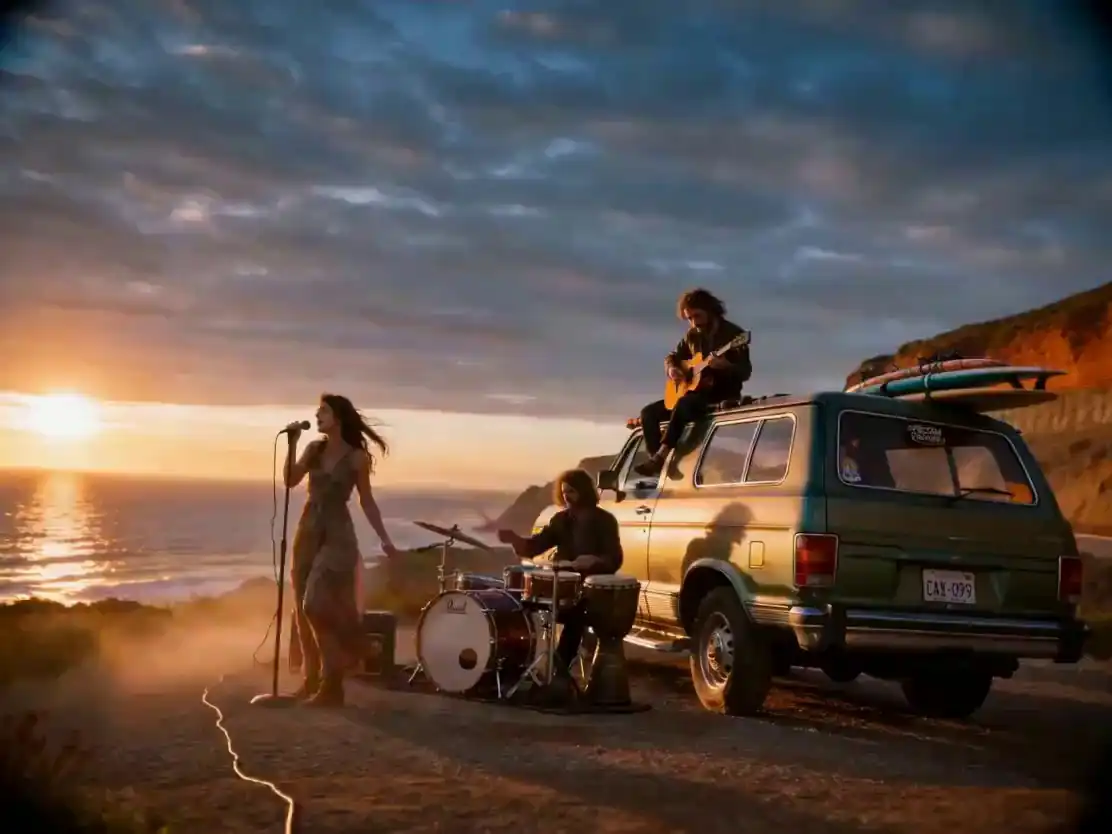 Gemini Omni - Cinematic golden hour landscape with a vintage travel car.